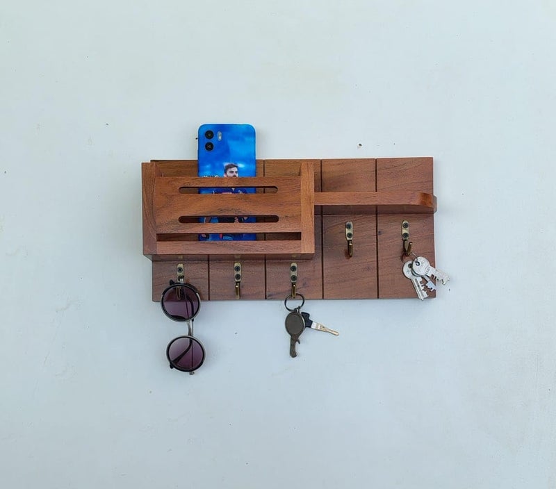 Wooden WallMounted Key Holder with Mobile Stand 3 Shelves 5 Hooks  - Image 1
