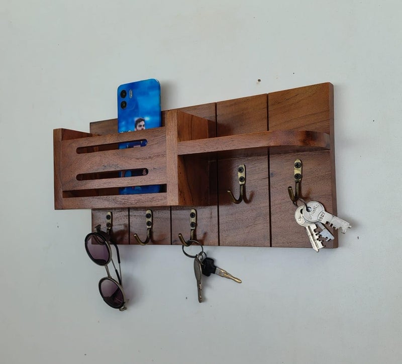 Wooden WallMounted Key Holder with Mobile Stand 3 Shelves 5 Hooks  - Image 5