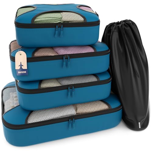 Shacke Premium 5 Packing Cubes Set - Lightweight Mesh Travel Luggage Organizers with Laundry Bag, 5-Piece Suitcase Storage System (Gentlemen's Blue) - Image 1