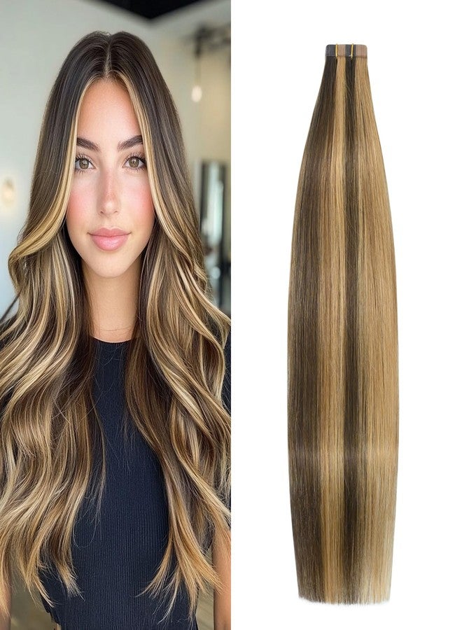 Aison Highlight Chocolate Brown to Caramel Blonde Tape in Hair Extensions Human Hair Extensions Silky Straight for Women 20 Pcs/Package(20Inch #4P27 50g) - Image 1