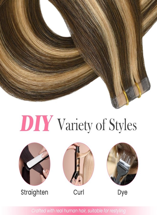 Aison Highlight Chocolate Brown to Caramel Blonde Tape in Hair Extensions Human Hair Extensions Silky Straight for Women 20 Pcs/Package(20Inch #4P27 50g) - Image 5