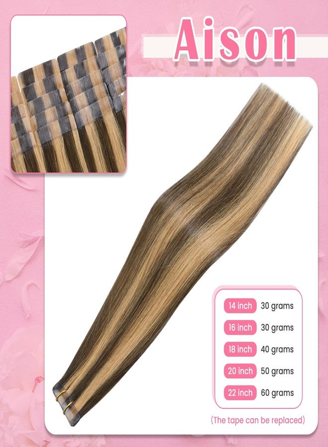 Aison Highlight Chocolate Brown to Caramel Blonde Tape in Hair Extensions Human Hair Extensions Silky Straight for Women 20 Pcs/Package(20Inch #4P27 50g) - Image 2