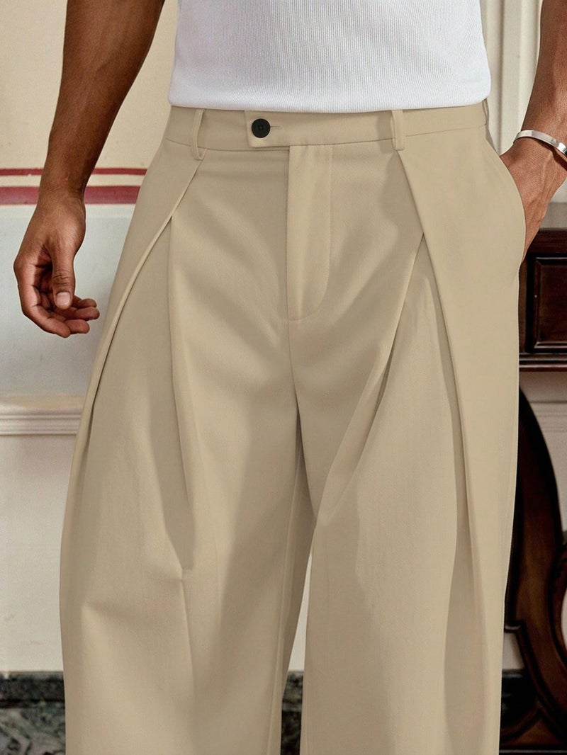 BEAUDRM Men's Wide Leg Baggy Pants Zipper Fly Pleated Dress Pants Casual Business Suit Trousers with Pockets Slacks for Men Khaki Large - Image 4
