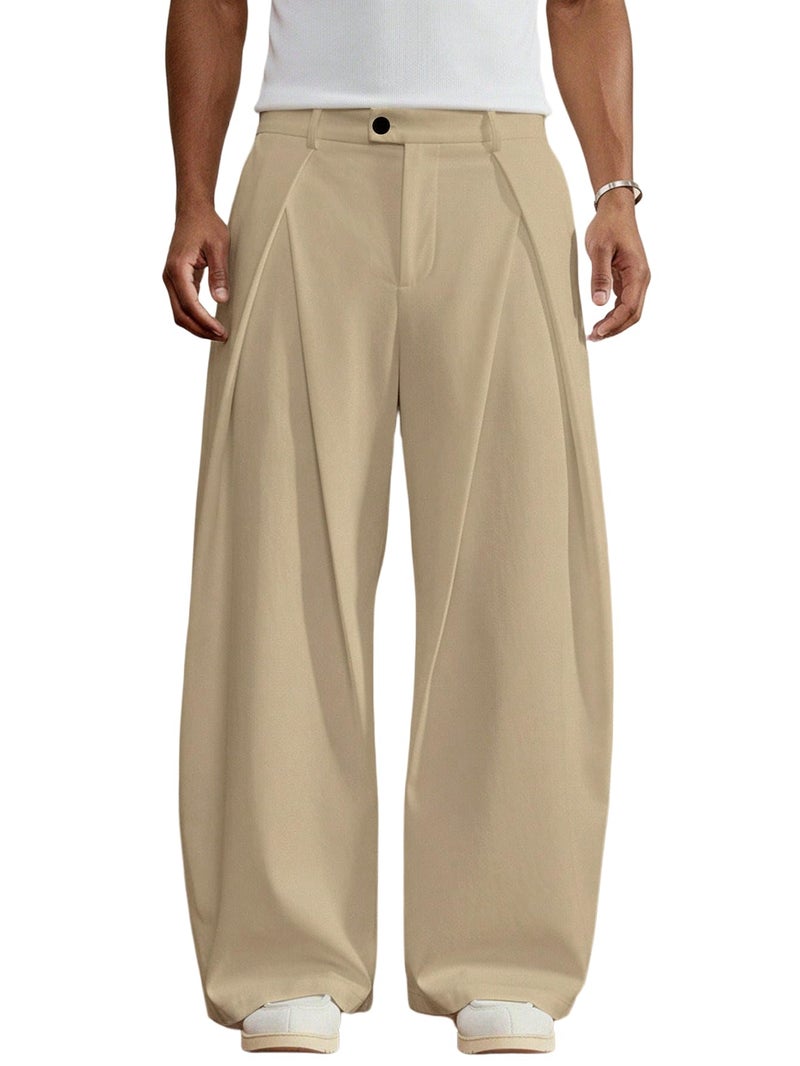 BEAUDRM Men's Wide Leg Baggy Pants Zipper Fly Pleated Dress Pants Casual Business Suit Trousers with Pockets Slacks for Men Khaki Large - Image 1