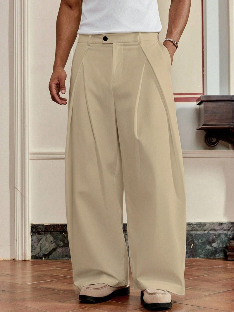 BEAUDRM Men's Wide Leg Baggy Pants Zipper Fly Pleated Dress Pants Casual Business Suit Trousers with Pockets Slacks for Men Khaki Large - Image 3