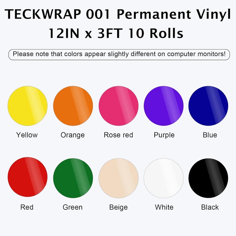 TECKWRAP 001 Glossy Permanent Vinyl - 12in x 3ft Rolls 10 Colors Adhesive Vinyl for Cricut, Silhouette, Cameo Cutters, Signs, Scrap-Booking, Craft Cutters - Image 2