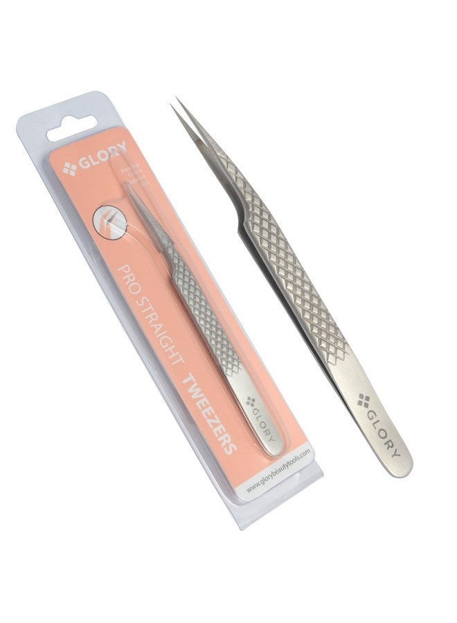 Glory Precision Fiber Tips Perfect Tweezers For Isolation And Classic Eyelash Extensions, Stainless Steel Pro Straight Tip Anti-Slip Anti-Static Diamond Grip Eyelash Tweezers - Image 1