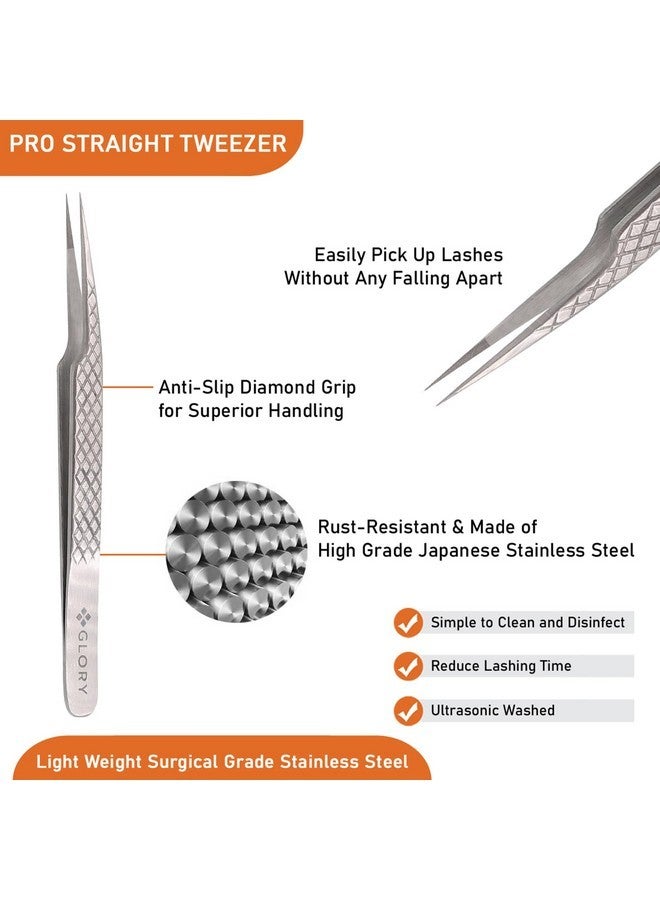 Glory Precision Fiber Tips Perfect Tweezers For Isolation And Classic Eyelash Extensions, Stainless Steel Pro Straight Tip Anti-Slip Anti-Static Diamond Grip Eyelash Tweezers - Image 5