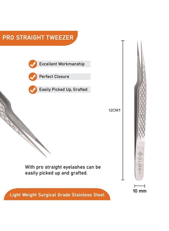 Glory Precision Fiber Tips Perfect Tweezers For Isolation And Classic Eyelash Extensions, Stainless Steel Pro Straight Tip Anti-Slip Anti-Static Diamond Grip Eyelash Tweezers - Image 4