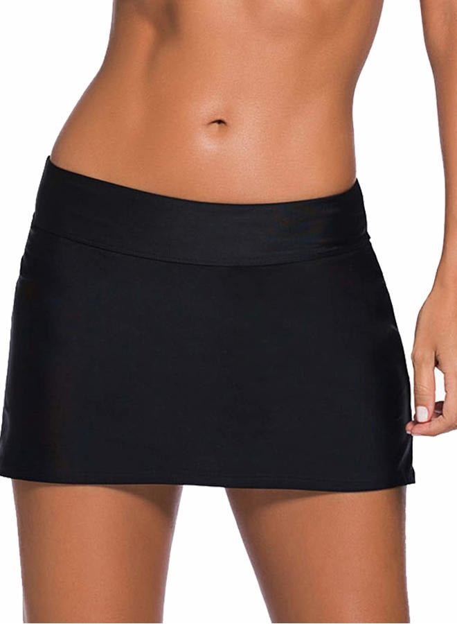 Rekita Women Swim Skirt Solid Color Waistband Skort Bikini Bottom, Black, M - Image 1