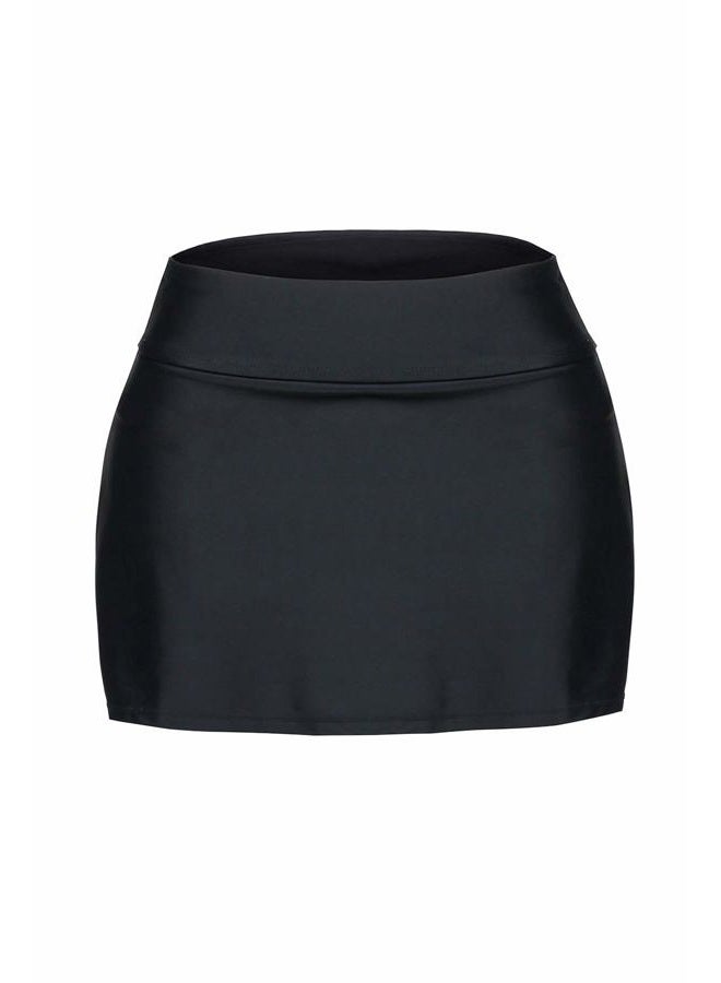 Rekita Women Swim Skirt Solid Color Waistband Skort Bikini Bottom, Black, M - Image 5