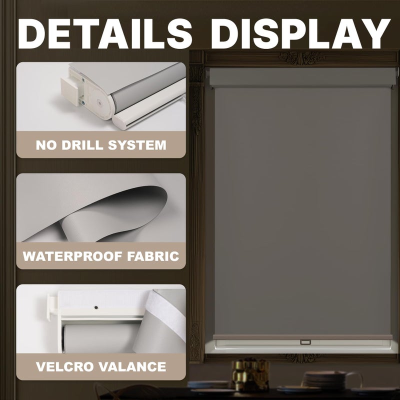 HESTIA No Drill Cordless Blackout Roller Shades with Valance Waterproof Privacy Blinds for Shower Window, Screwless UV Protection Fabric for Bathroom/Kitchen/Office/Exterior, Grey, 23" W X 36" H - Image 2