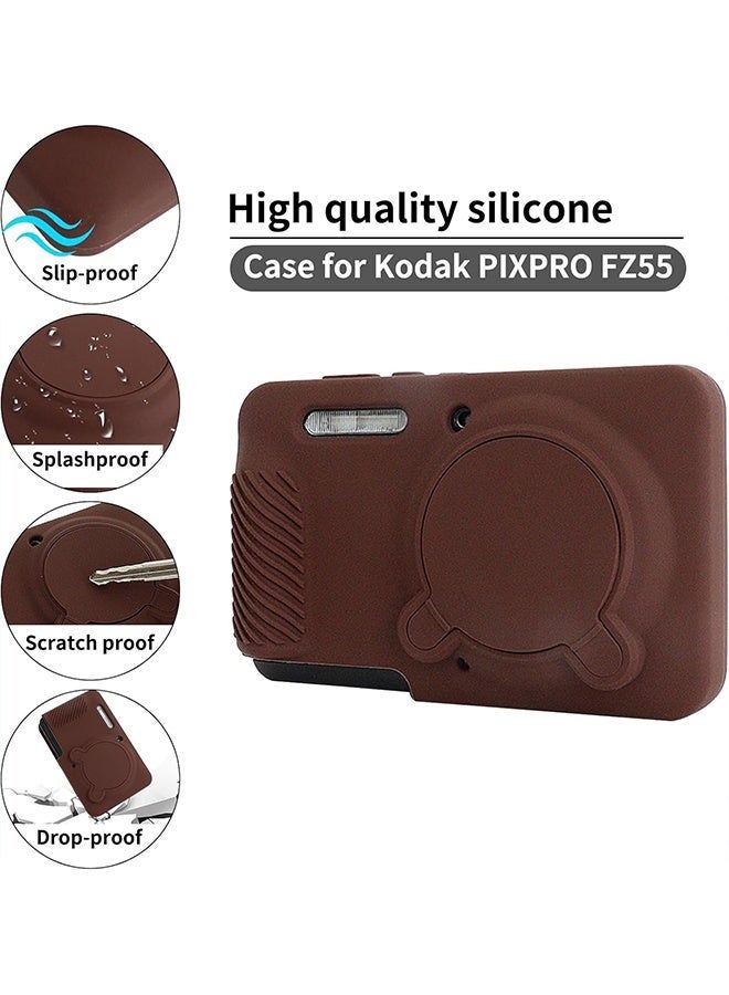 دبليو أف أف أو غطاء سيليكون مع واقي شاشة زجاجي مقسّى لكاميرا كوداك PIXPRO FZ55، غطاء حماية ناعم من السيليكون PIXPRO FZ55 مع غطاء عدسة قابل للإزالة، نحيف ومضاد للخدوش، لون القهوة - Image 4