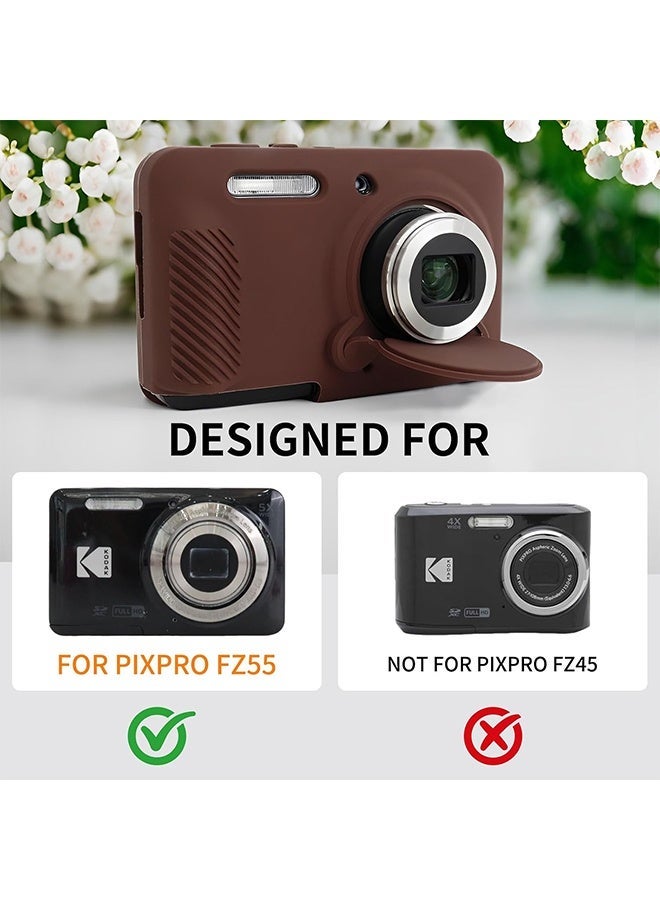 دبليو أف أف أو غطاء سيليكون مع واقي شاشة زجاجي مقسّى لكاميرا كوداك PIXPRO FZ55، غطاء حماية ناعم من السيليكون PIXPRO FZ55 مع غطاء عدسة قابل للإزالة، نحيف ومضاد للخدوش، لون القهوة - Image 2