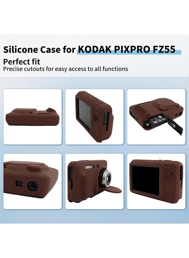دبليو أف أف أو غطاء سيليكون مع واقي شاشة زجاجي مقسّى لكاميرا كوداك PIXPRO FZ55، غطاء حماية ناعم من السيليكون PIXPRO FZ55 مع غطاء عدسة قابل للإزالة، نحيف ومضاد للخدوش، لون القهوة - Image 3