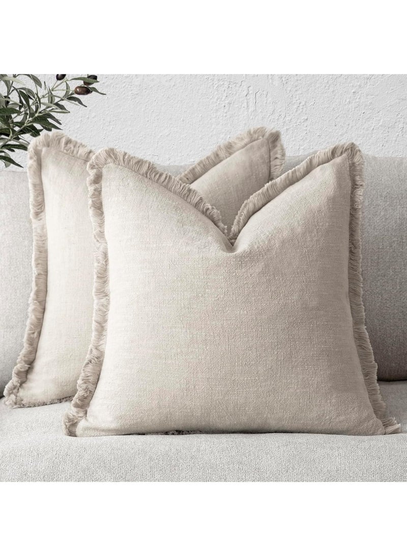 Nadrab Set of 2 Decorative Linen Fringe Throw Pillow Covers Cozy Boho Farmhouse Cushion Cover with Tassels Soft Accent Pillowcase for Couch Sofa Bed Living Room Home Decor,18×18 Inch,Beige - Image 1