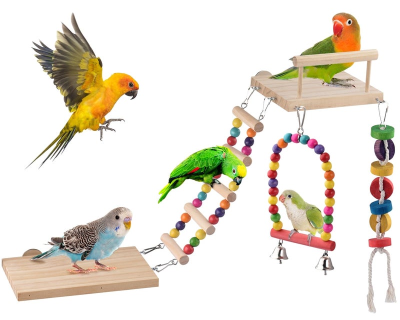 DBNESS 5in1 Bird Parakeet Toys,Detachable Birdie Perches Platform Swing with Climbing Ladder, Parrot Cage Stand Accessories，Wooden Playing Gyms for Conure Cockatiel Lovebird Finch Budgerigar Pigeon - Image 1