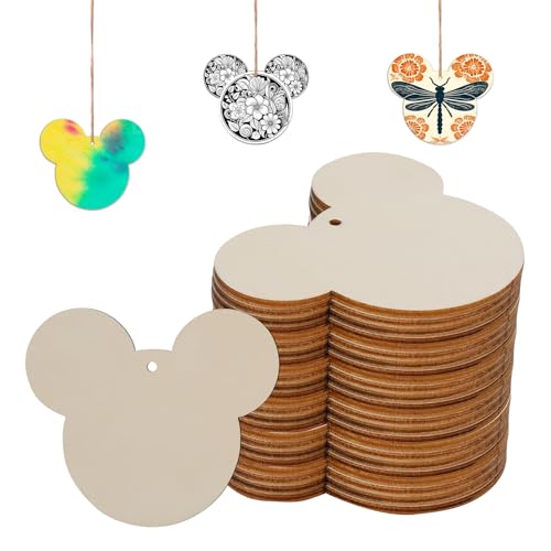 Tmflexe Mouse Head 30Pcs Unfinished Wooden Gift Ornaments DIY Craft Birthday Present-30Pack Paintable Blank Natural Mouse Head Cutouts Hanging Wood Slices for Kids Art Crafts DIY Gift Party Supplies - Image 1