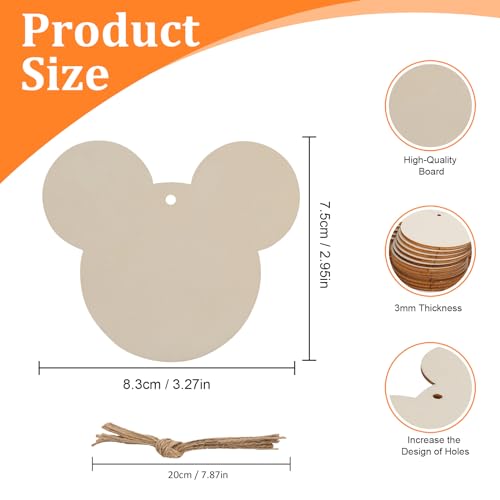Tmflexe Mouse Head 30Pcs Unfinished Wooden Gift Ornaments DIY Craft Birthday Present-30Pack Paintable Blank Natural Mouse Head Cutouts Hanging Wood Slices for Kids Art Crafts DIY Gift Party Supplies - Image 2