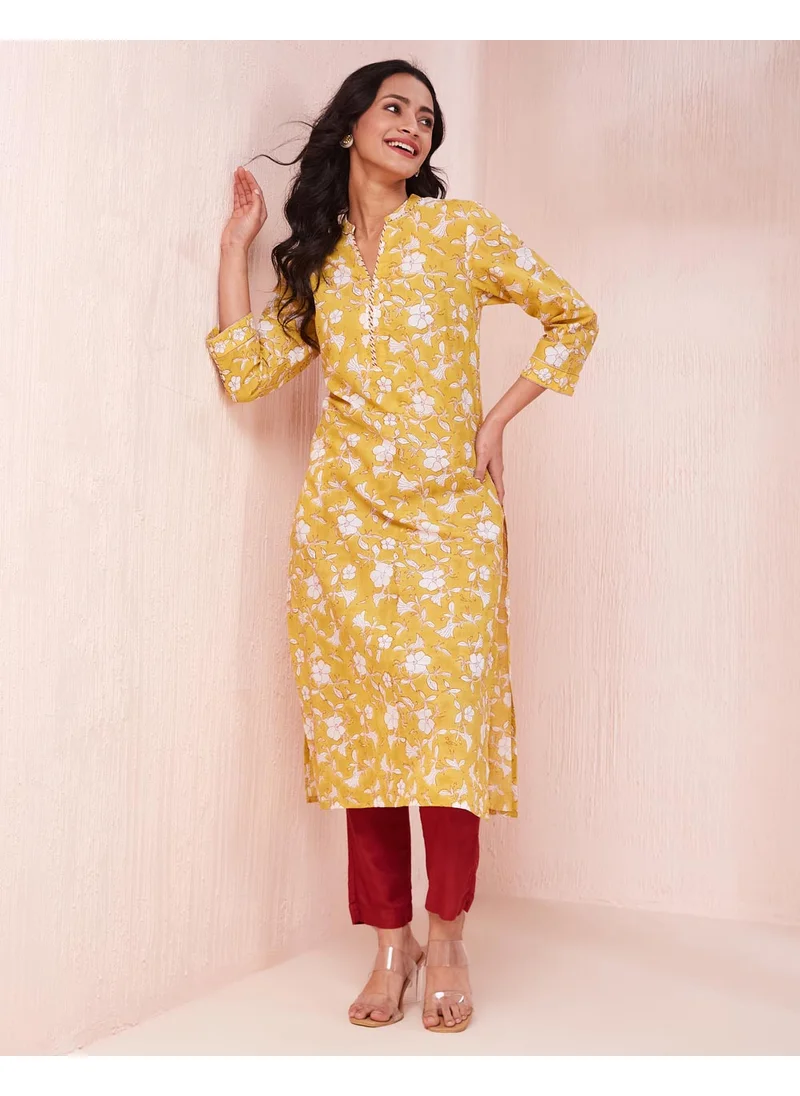 Fabindia Yellow Cotton Hand Block Printed Long Kurta