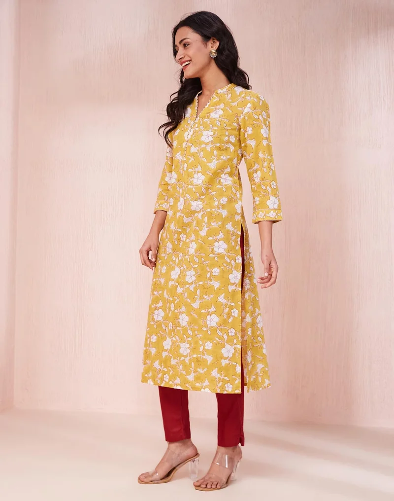 Fabindia Yellow Cotton Hand Block Printed Long Kurta