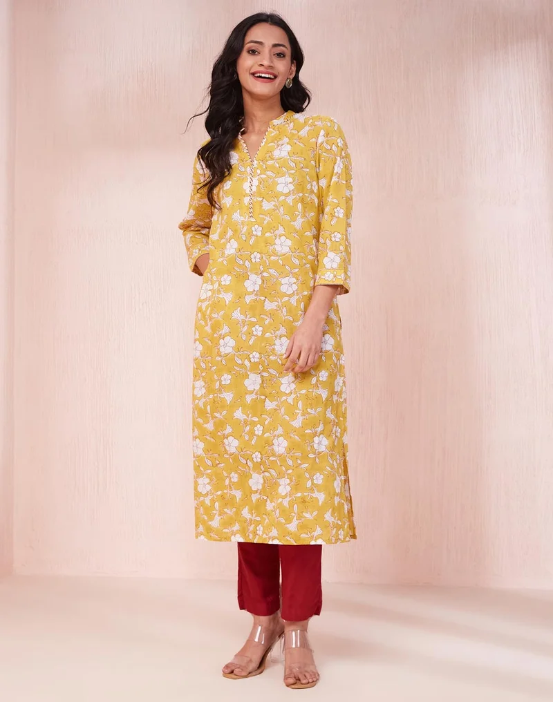 Fabindia Yellow Cotton Hand Block Printed Long Kurta