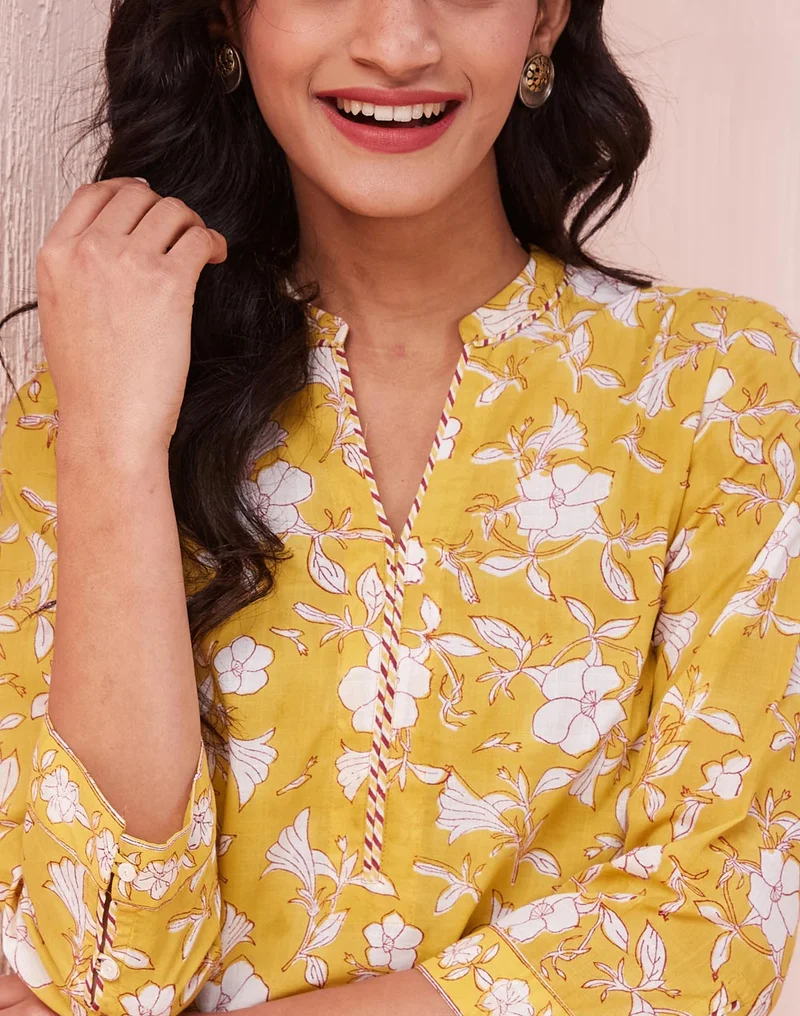 Fabindia Yellow Cotton Hand Block Printed Long Kurta