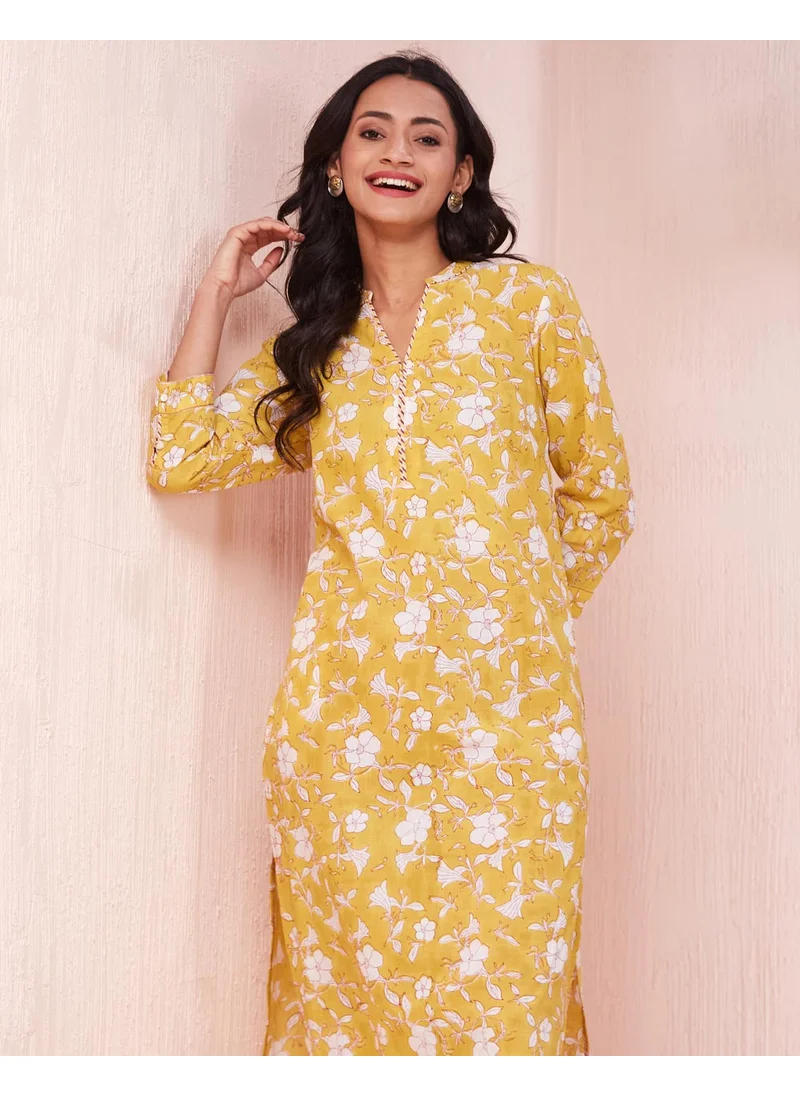 Fabindia Yellow Cotton Hand Block Printed Long Kurta