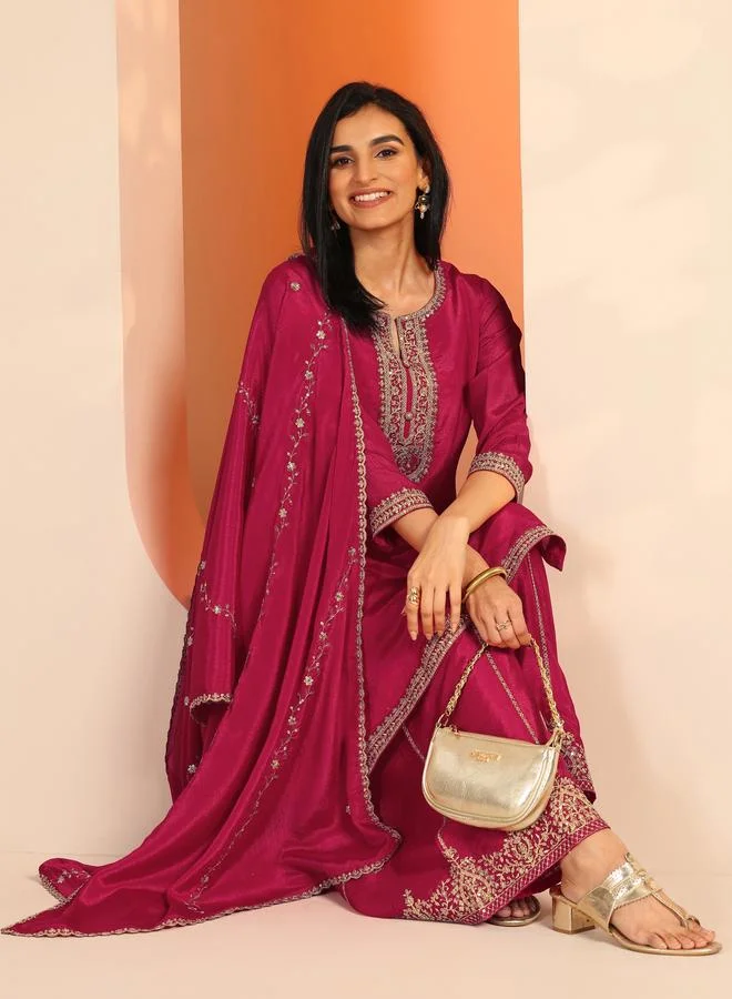 Libas Printed Chinon Straight Kurta, Palazzos And Dupatta Set
