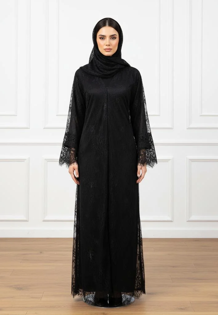 All-Over Noir Lace Abaya – Sophisticated Nida Layered Design-830
