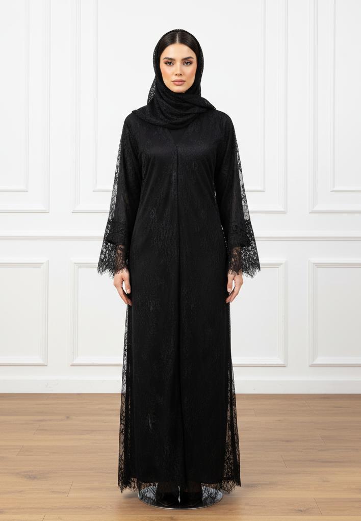 NUKHBAA عباءة دانتيل نوير الشاملة - تصميم نيدا المتعدد الطبقات الأنيق - 830 - Image 1