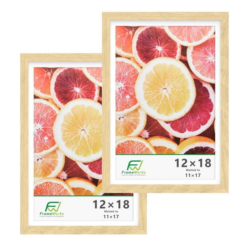 FrameWorks 2Pack 12x18 Matted to 11x17 Picture Frame Natural Oak  Classic Wooden Photo Frame with Tempered Glass Modern Matte Finish for Prints Posters Certificates  Wall Decor  GalleryReady