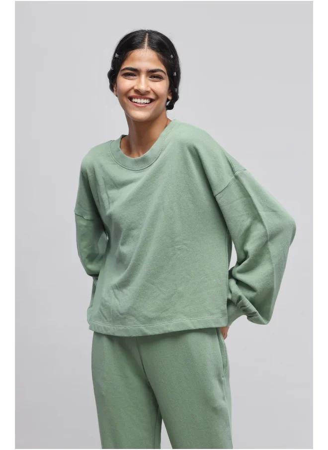 NeceSera Mint Green Puffed Sleeves Terry Sweatshirt