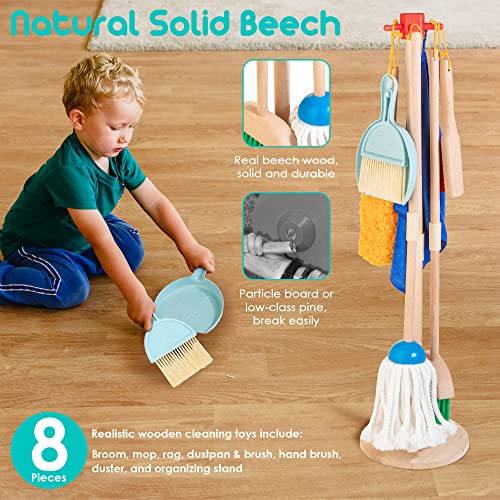 HELLOWOOD Kids Cleaning Set 8 Pcs Wooden Housekeeping Play Set Includes Broom Mop Duster Dustpan Brushes Rag and Organizing Stand Cleaning Toys Gift for Toddlers Girls Boys Age 36 Solid Beech Wood - Image 5