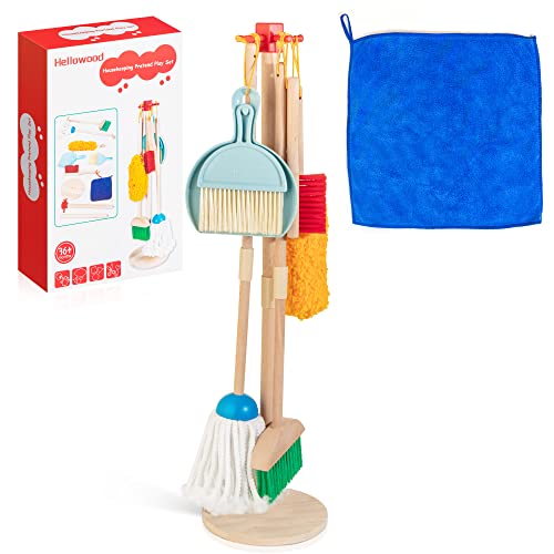 HELLOWOOD Kids Cleaning Set 8 Pcs Wooden Housekeeping Play Set Includes Broom Mop Duster Dustpan Brushes Rag and Organizing Stand Cleaning Toys Gift for Toddlers Girls Boys Age 36 Solid Beech Wood - Image 1