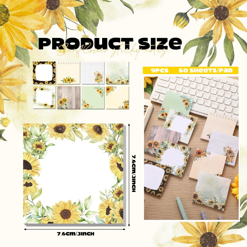 Saypacck 9 Pads Sunflower Sticky Notes Cartoon Self Stick Notepads 3x3 Inches Notes Adhesive Memo Pad Office Decor Gifts for Students School Teacher Office Meeting - Image 2