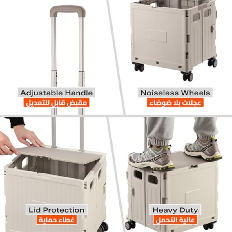 Foldable Shopping Cart with 38x39x32.5cm Collapsible Rolling Utility Cart with Lock, Telescopic Handle, Noiseless Wheels, and Lid - for Grocery, Office, Travel, and Home Storage - Image 3