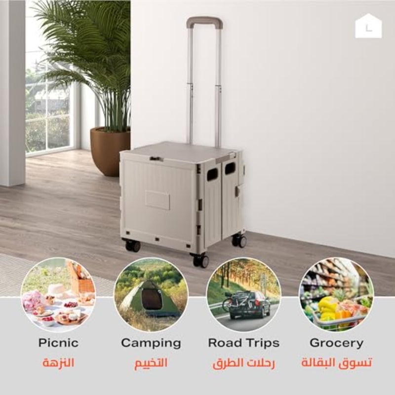 Foldable Shopping Cart with 38x39x32.5cm Collapsible Rolling Utility Cart with Lock, Telescopic Handle, Noiseless Wheels, and Lid - for Grocery, Office, Travel, and Home Storage - Image 5