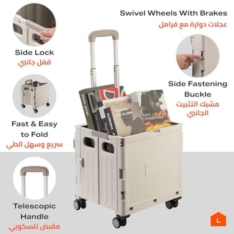 Foldable Shopping Cart with 38x39x32.5cm Collapsible Rolling Utility Cart with Lock, Telescopic Handle, Noiseless Wheels, and Lid - for Grocery, Office, Travel, and Home Storage - Image 4