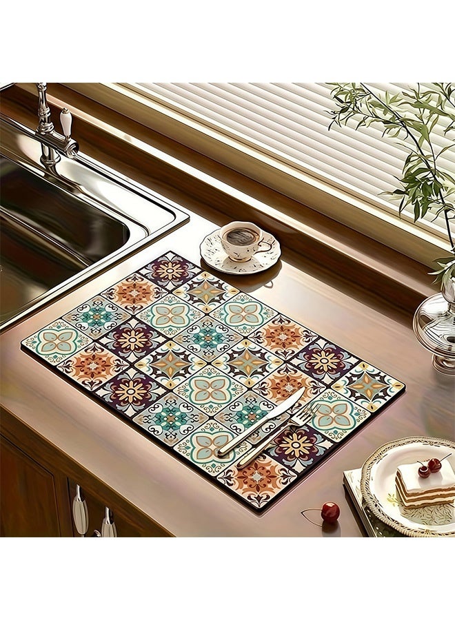 Peachjoy حصيرة قهوة سريعة الجفاف بتصميم بوهيمي غير قابلة للانزلاق ماصة من الألياف الدقيقة لحماية أسطح العمل لآلات القهوة وأواني القهوة، نمط زهور متعدد الألوان، مناسبة جداً للمغسلة وبارات القهوة (A 20x30cm) - Image 1