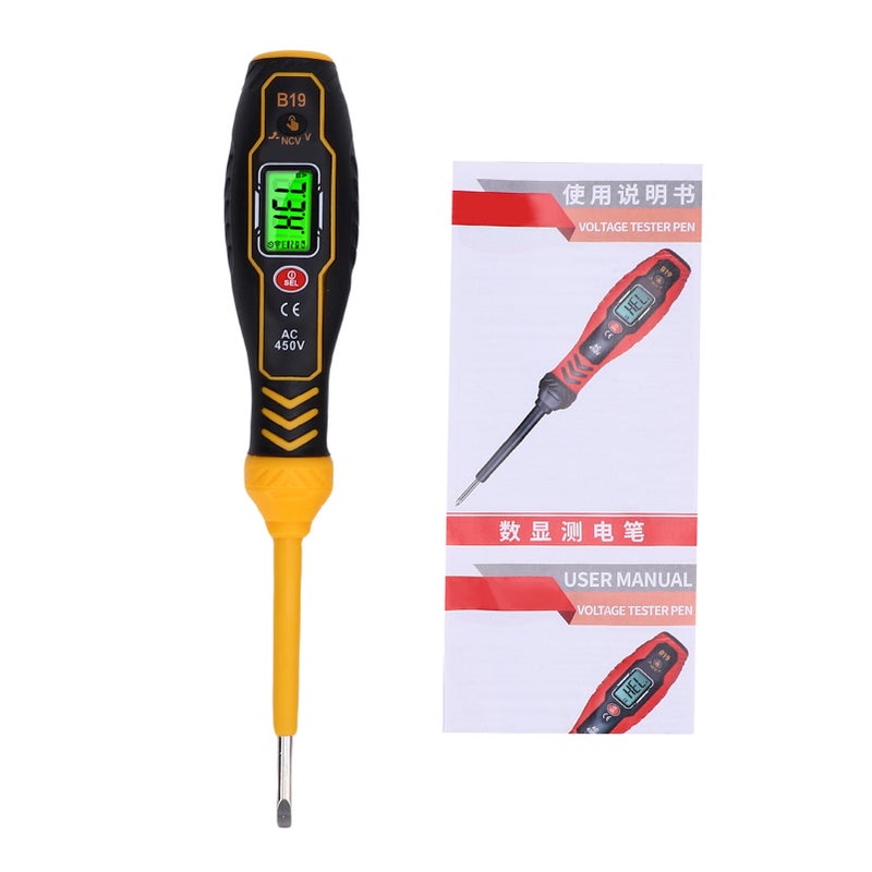 قلم اختبار الجهد المتردد الرقمي مع رأس مفك براغي، كاشف الجهد NCV مع ظهرية شاشة LCD، إنذار صوتي/بصري، كاشف الأسلاك الحية/الحيادية، إيقاف تلقائي - أداة أساسية للكهربائيين مفك براغي مسطح أصفر - Image 1