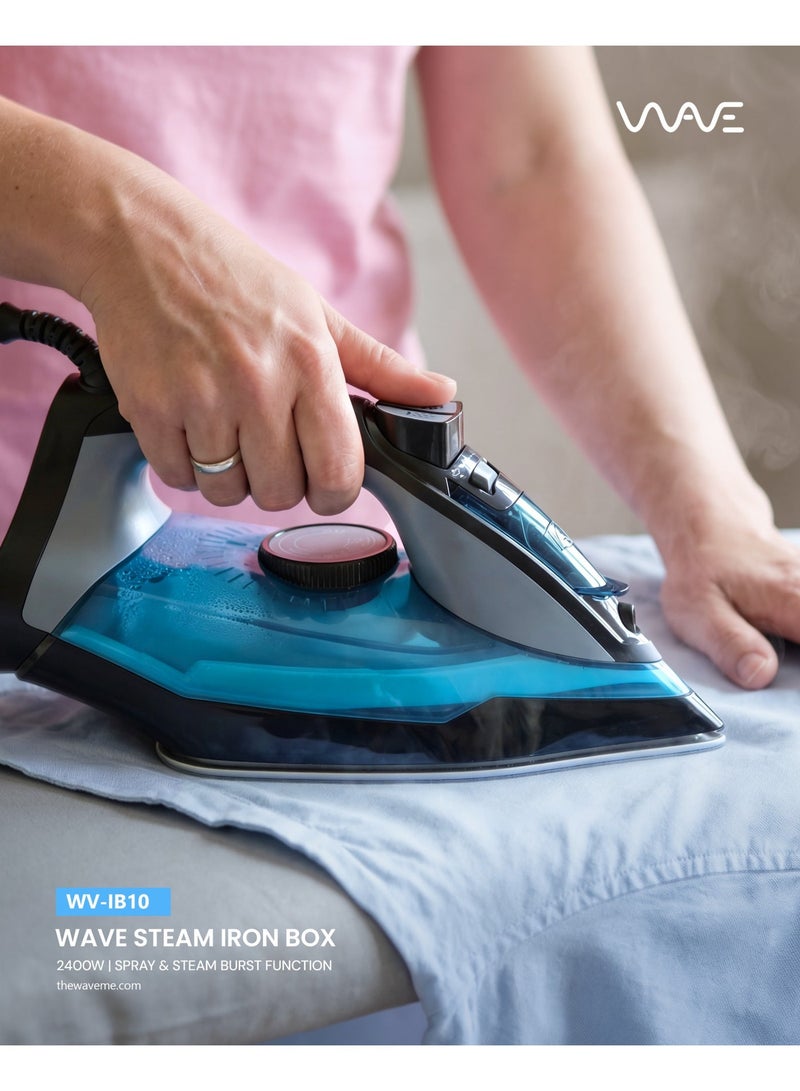 وايف مكواة بخار بوكس ​​بقوة 2400 واط، مكواة بخار وبخاخ قوية بقاعدة غير لاصقة، تحكم قابل للتعديل في درجة الحرارة، نظام مانع للتنقيط، تسخين سريع، أزرق/أسود – WV-IB10، ضمان لمدة عام - Image 2