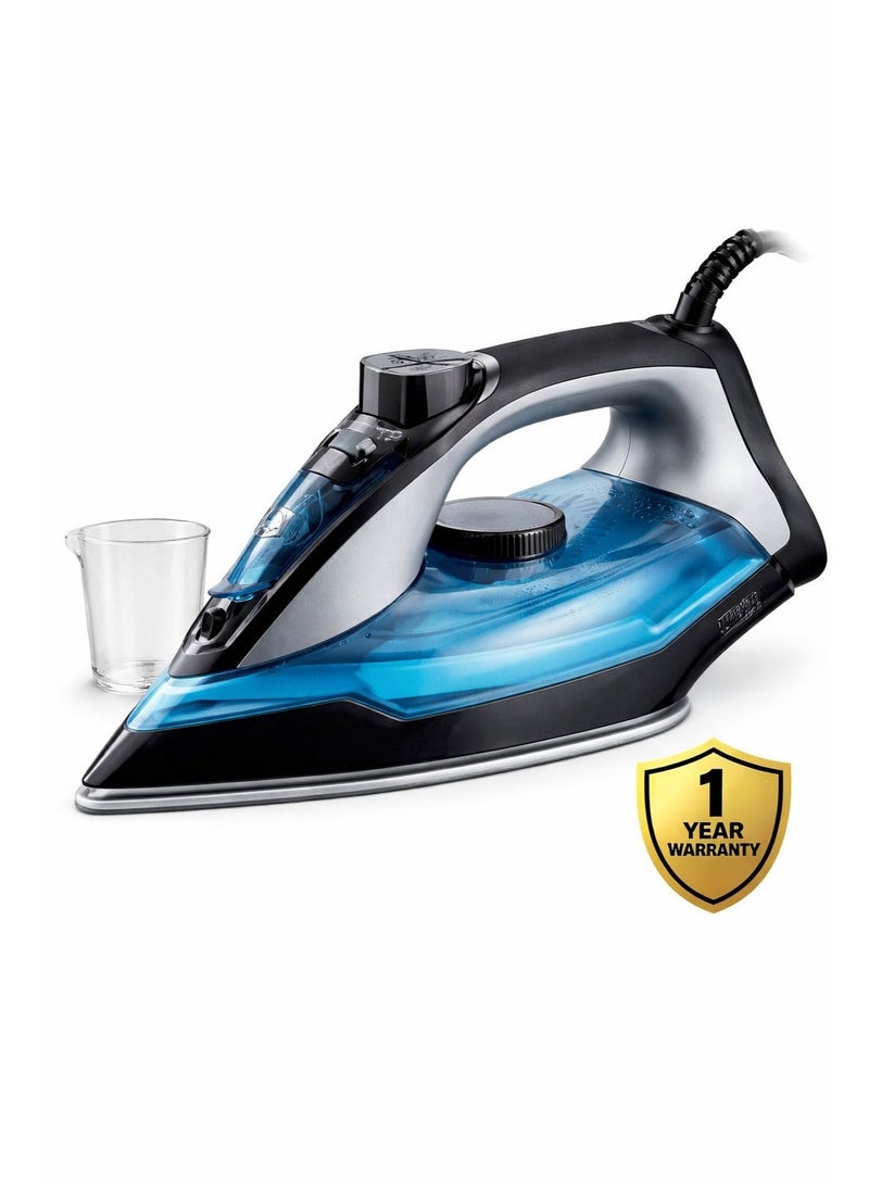 وايف مكواة بخار بوكس ​​بقوة 2400 واط، مكواة بخار وبخاخ قوية بقاعدة غير لاصقة، تحكم قابل للتعديل في درجة الحرارة، نظام مانع للتنقيط، تسخين سريع، أزرق/أسود – WV-IB10، ضمان لمدة عام - Image 1