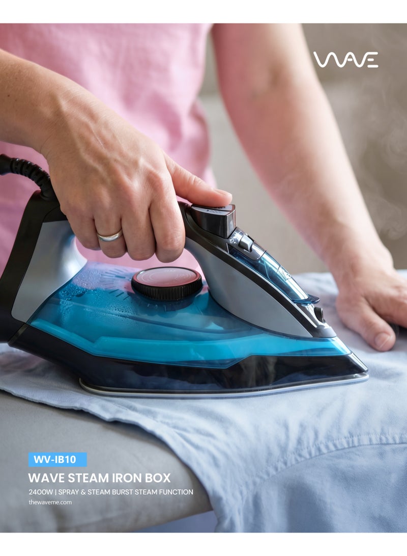 وايف مكواة بخار بوكس ​​بقوة 2400 واط، مكواة بخار وبخاخ قوية بقاعدة غير لاصقة، تحكم قابل للتعديل في درجة الحرارة، نظام مانع للتنقيط، تسخين سريع، أزرق/أسود – WV-IB10، ضمان لمدة عام - Image 4