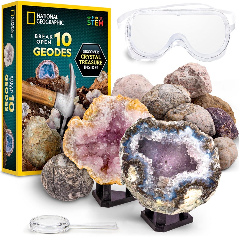 Blue Marble NATIONAL GEOGRAPHIC Break Open 10 Premium Geodes – includes Goggles and 2 Display Stands - Great STEM Science Kit, Geology Gift for Kids, Break Your Own Geodes with Crystals, Toys for Boys and Girls  - Image 1