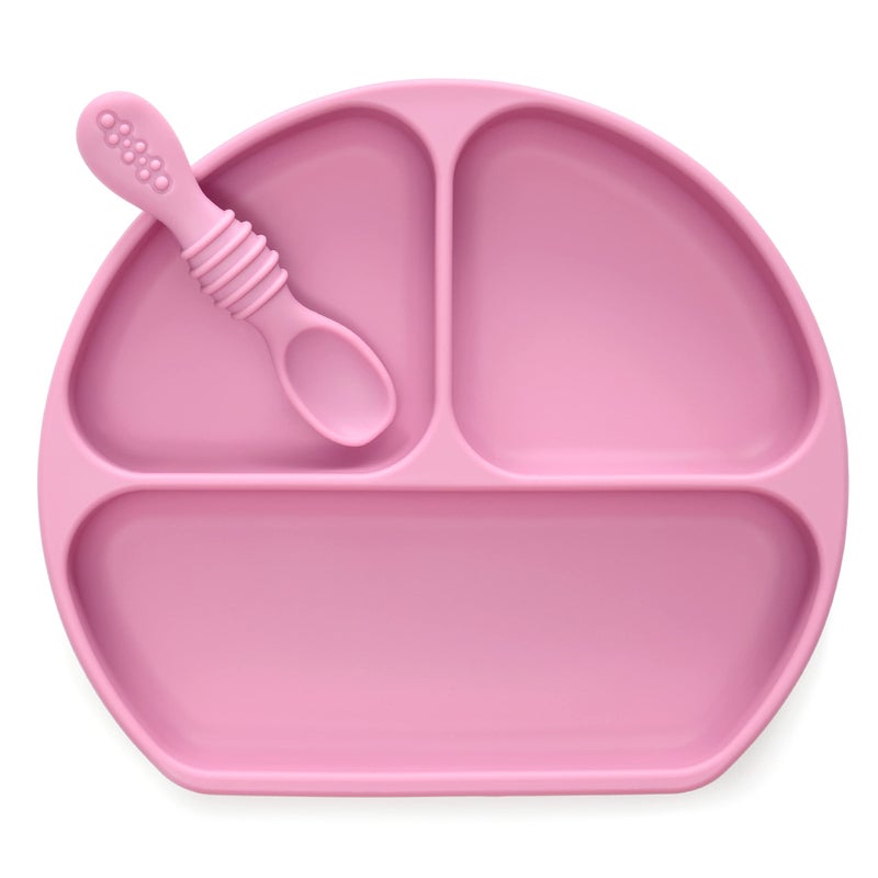 PrimaStella Unbreakable Silicone Non-Slip Baby & Toddler Plate and Spoon Feeding Set - Rosy Plum Purple - Image 1