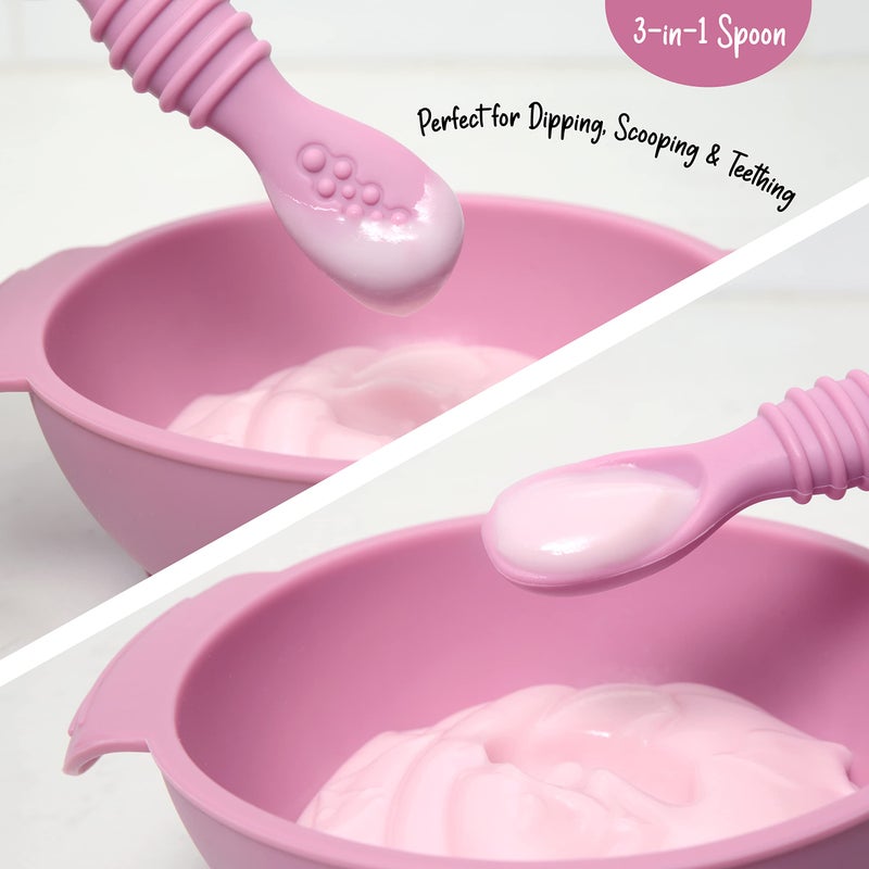 PrimaStella Unbreakable Silicone Non-Slip Baby & Toddler Plate and Spoon Feeding Set - Rosy Plum Purple - Image 5