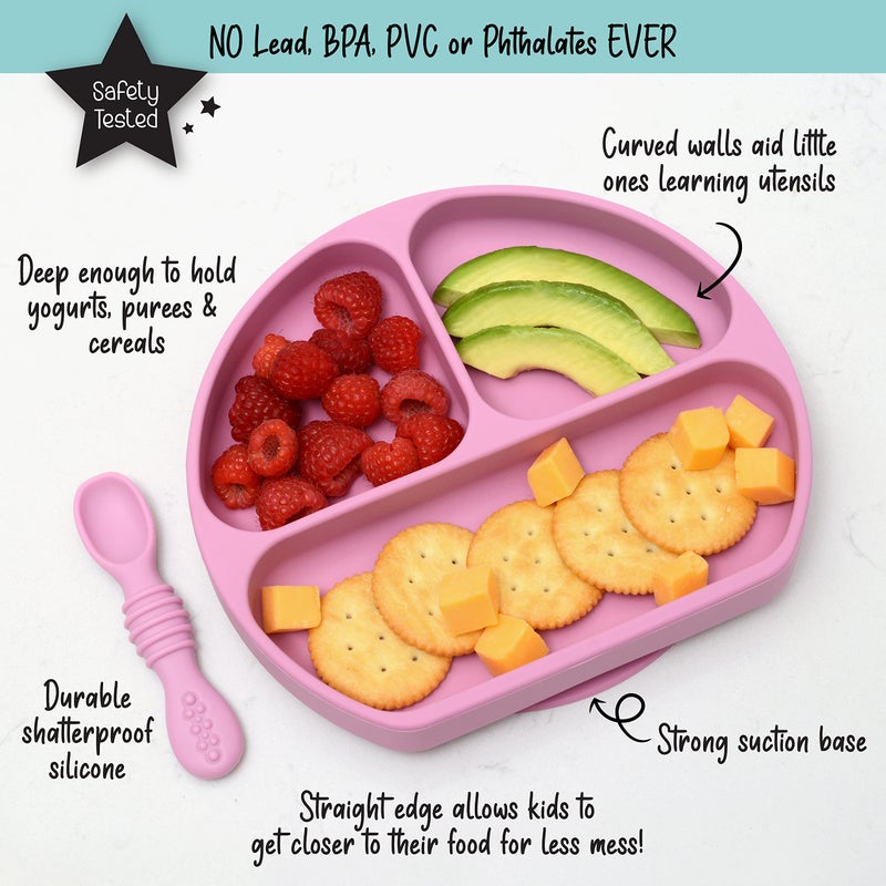 PrimaStella Unbreakable Silicone Non-Slip Baby & Toddler Plate and Spoon Feeding Set - Rosy Plum Purple - Image 2
