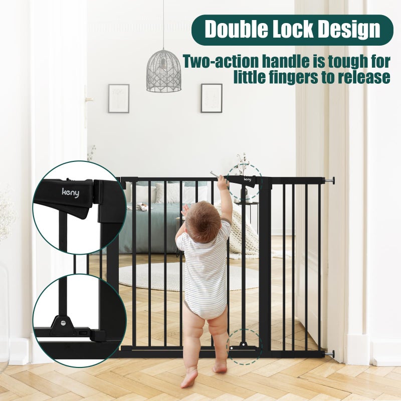 keny 29.7"-46" Baby Gate for Stairs, Auto Close Dog Gates for Doorways, Pressured Mounted No Drilling Pet Gate Extra Wide, One-Hand Opening Dual Lock Stair Gate, Indoor Kids Necessities, Black - Image 2