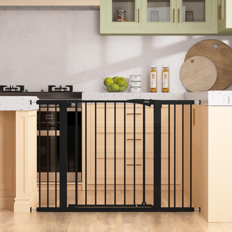 keny 29.7"-46" Baby Gate for Stairs, Auto Close Dog Gates for Doorways, Pressured Mounted No Drilling Pet Gate Extra Wide, One-Hand Opening Dual Lock Stair Gate, Indoor Kids Necessities, Black - Image 1